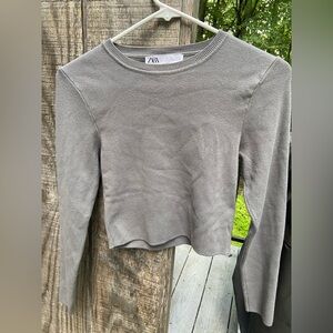 Zara Grey Knit Cropped Long Sleeve Top